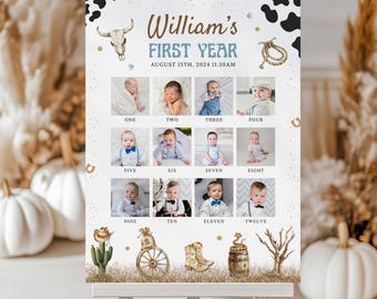 EDITABLE My First Rodeo monthly milestone photo Sign, Cowboy 1st Birthday Milestone Board, Wild West 12 Month Picture Collage Stats Poster
