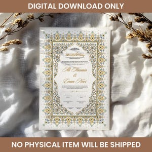 Puede incluir: Descarga digital de un certificado de boda con un borde floral dorado y azul adornado. Los nombres "Ali Hussain & Eman Noor" est&aacute;n en una escritura elegante. La parte superior del certificado tiene escritura &aacute;rabe. El texto "DIGITAL DOWNLOAD ONLY" est&aacute; en la parte superior.
