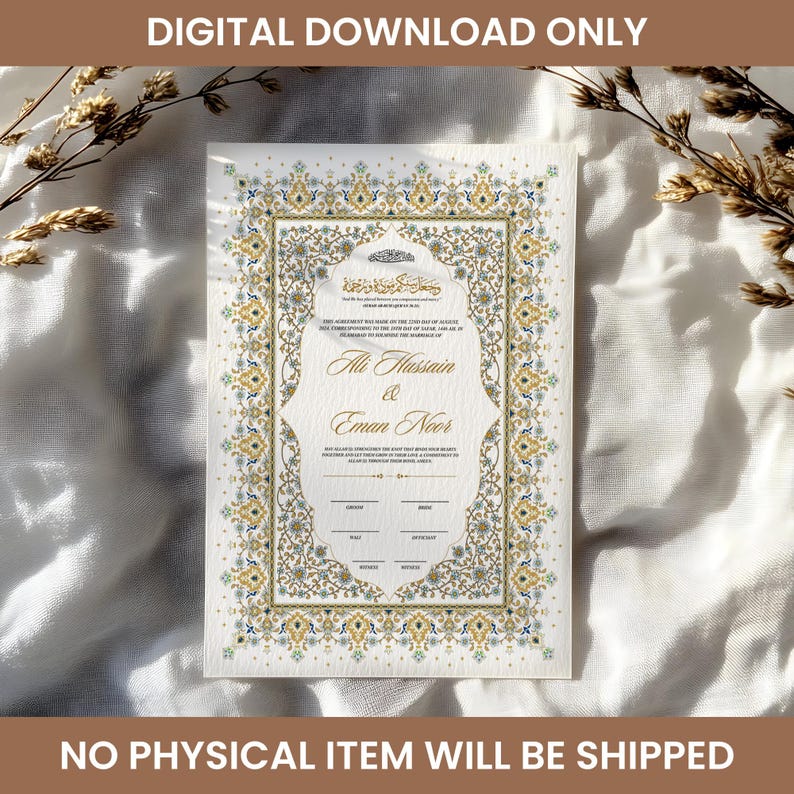 Puede incluir: Descarga digital de un certificado de boda con un borde floral dorado y azul adornado. Los nombres "Ali Hussain & Eman Noor" est&aacute;n en una escritura elegante. La parte superior del certificado tiene escritura &aacute;rabe. El texto "DIGITAL DOWNLOAD ONLY" est&aacute; en la parte superior.
