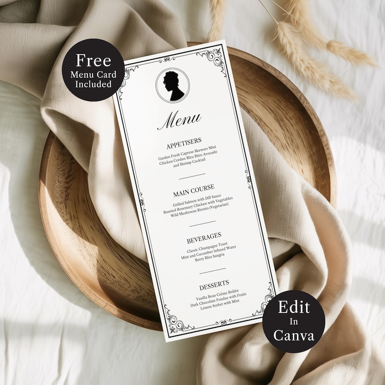 Pode incluir: Um cart&atilde;o de menu formal com um design a preto e branco, com uma silhueta e bordas decorativas. O menu inclui entradas, pratos principais, bebidas e sobremesas. O texto "Free Menu Card Included" e "Edit in Canva" tamb&eacute;m s&atilde;o vis&iacute;veis.