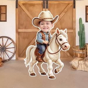 Cowboy On Horse Custom Face Cutout Decor, Personalized Kid 1st Rodeo Standee, Cowboy Party Decoration, Wild West Photo booth Stand Up prop