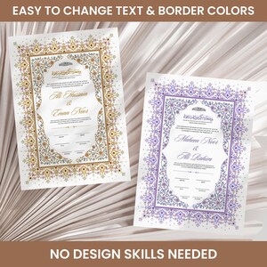 Puede incluir: Dos certificados de boda ornamentados con bordes florales. Uno tiene detalles dorados y amarillos, el otro morado. El texto incluye "Ali Hussain & Eman Noor" y "Maheen Noor & Ali Rahim". El texto superior dice "EASY TO CHANGE TEXT & BORDER COLORS" y el texto inferior dice "NO DESIGN SKILLS NEEDED".