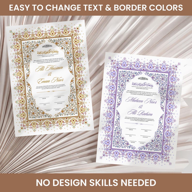 Puede incluir: Dos certificados de boda ornamentados con bordes florales. Uno tiene detalles dorados y amarillos, el otro morado. El texto incluye "Ali Hussain & Eman Noor" y "Maheen Noor & Ali Rahim". El texto superior dice "EASY TO CHANGE TEXT & BORDER COLORS" y el texto inferior dice "NO DESIGN SKILLS NEEDED".