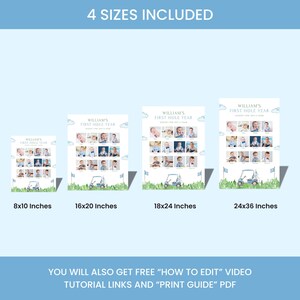 May include: A set of four baby milestone posters with the text "WILLIAM'S FIRST HOLE YEAR". Each poster features a golf cart illustration and space for monthly photos. Sizes include 8x10 inches, 16x20 inches, 18x24 inches, and 24x36 inches.