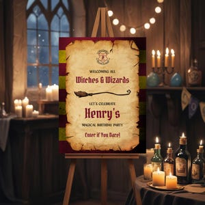Editable Wizard Birthday Welcome Sign | Magic School Witches Welcome Banner | Magical Party Decorations for Kids Canva Printable Template