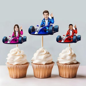 Race Car Personalized Face Cupcake Toppers Go Kart Photo Cupcake Decoration, Custom Formula Car Cupcake Toppers, Racing Birthday Party Decor