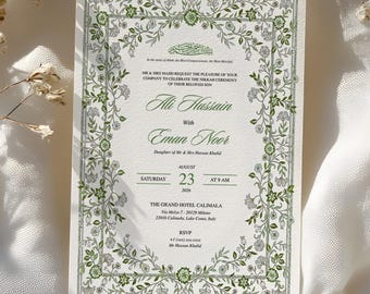 Plantilla floral de invitación de boda árabe, tarjeta de invitación Nikkah de lujo, invitación de boda musulmana, plantilla editable de Nikkah para matrimonio islámico