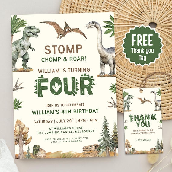 Dinosaur Birthday Invitation Stomp Chomp Roar Boy 4 Birthday Invite Dino Mite Party Thank You Tag Editable Digital Template INSTANT DOWNLOAD