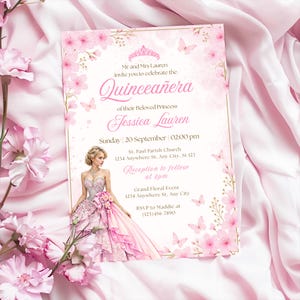 Soft Pink Quinceañera Invitation, Floral Princess Quince Invite,  Editable Pink Quince Evite, Mis Quince Anos, 15th Birthday Girl, sweet 16