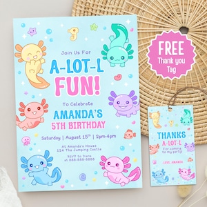 Axolotl Birthday Invitation, Alotl Fun Party Invite, Editable Axolotl Birthday Boy Invite Under The Sea Birthday  Invite Thank You Favor Tag