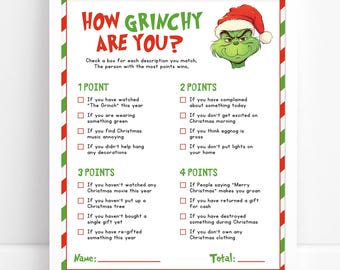 How Grinchy Are You? Printable Christmas Grinch Party Game, Who's The Grinchiest Game, Adult and Kids Holiday Grinchmas Party Activity