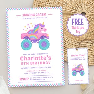 Unicorn Monster Truck 5th Birthday Invitation, Cute Rainbow Unicorn Birthday Invite Card, Girl 5th Party Invite, Pink Race Car Thank You Tag