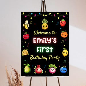 Hey Bear Sensory Welcome Sign, Dancing Fruit 1st Birthday Invitation, Hey Bear Birthday, Dancing Fruit Party Decor Editable Instant Download