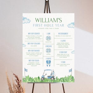 May include: A personalized baby milestone poster with a golf theme. The poster includes the text "William's First Hole Year" and details such as height (26 inches), weight (22 pounds), and favorite things. The design features a golf cart illustration.