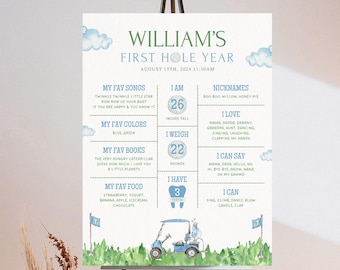 Editable Hole In One 1st Birthday Milestone Poster My First Year Golf Birthday Par-tee Stats Sign Board Hole in One Boy Birthday Party Decor