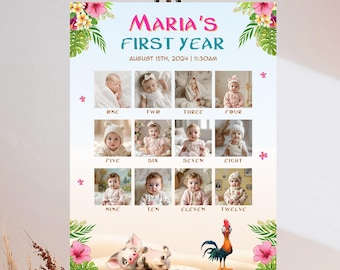 Moana Birthday Photo Milestone Sign Editable Baby First Year Image Poster Template Hawaiian Luau 1st Birthday 12 Month Photo Collage Board