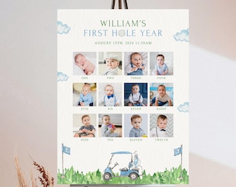 Golf Birthday Photo Milestone Sign Editable Baby First Year Image Poster Template Hole in One 1st Birthday 12 Month Photo Collage Sign Board