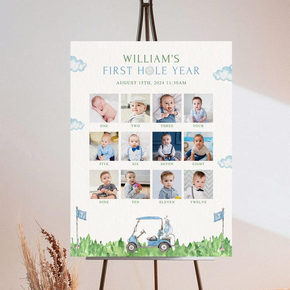 Golf Birthday Photo Milestone Sign Editable Baby First Year Image Poster Template Hole in One 1st Birthday 12 Month Photo Collage Sign Board
