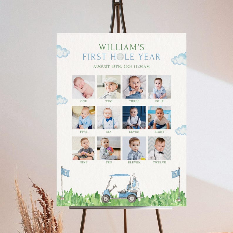 May include: A personalized baby milestone poster with the text "WILLIAM'S FIRST HOLE YEAR" and the date August 15th, 2024. It features twelve baby photos, a golf cart illustration, and decorative clouds and flags.