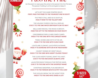 Könnte beinhalten: Ein druckbares Weihnachtsspiel namens "Pass the Prize" mit einem Gedicht und Anweisungen. Das Design umfasst den Weihnachtsmann, Zuckerstangen und einen Weihnachtsbaum. Erhältlich in 3 Größen: 5x7", 8,5x11" und A4.