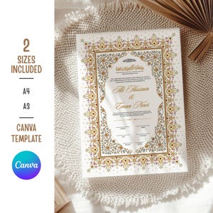 Puede incluir: Un certificado de boda blanco con un borde floral dorado, rosa y verde adornado. El certificado incluye los nombres Ali Hussain & Eman Noor. El texto a la izquierda dice "2 Tama&ntilde;os incluidos, A4, A3, Plantilla Canva".