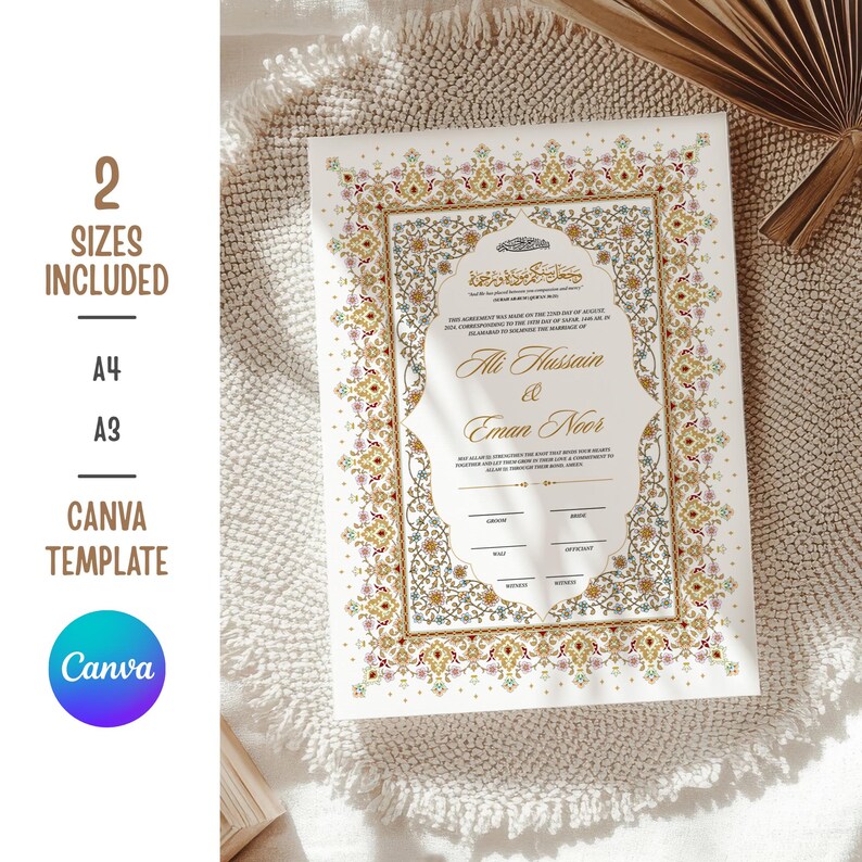 Puede incluir: Un certificado de boda blanco con un borde floral dorado, rosa y verde adornado. El certificado incluye los nombres Ali Hussain & Eman Noor. El texto a la izquierda dice "2 Tama&ntilde;os incluidos, A4, A3, Plantilla Canva".