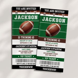 May include: Two football-themed event tickets. The tickets feature a football graphic, the name "Jackson", and the text "You are Invited!" The tickets also include event details, a VIP ticket designation, and a "Touchdown!" message.