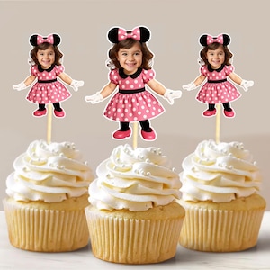 Minnie Personalized Face Cupcake Toppers, Custom Disney Mouse Birthday Party Decor, Pink Cartoon Minnie Party Cake Topper Digital Printable