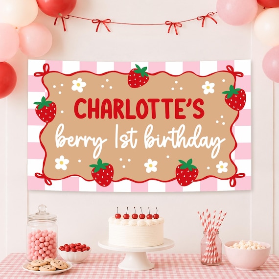 Strawberry Berry First Birthday Banner Editable Berry 1st Birthday Decor Pink Gingham Sweet One Party Decor Kraft Paper Party Backdrop Canva