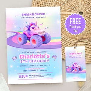Einhorn Monstertruck Einladung zum 5. Geburtstag, niedliches Regenbogen Einhorn Geburtstag einladen Karte, rosa Rennauto-Dekor Dankeschön-Sofort-Download