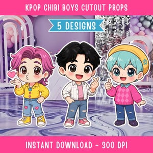 Recortes imprimibles de chicos cazadores de anime Chibi Kpop, stand de guerreros ídolos kawaii, accesorio para fiesta de chicos, descarga instantánea, decoración de fondo de cumpleaños