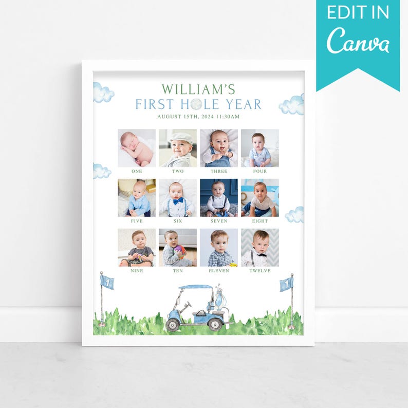 May include: A framed print featuring a baby's first year milestones. The design includes twelve photos, each representing a month. The text "WILLIAM'S FIRST HOLE YEAR" is displayed at the top, along with the date and time. A golf-themed illustration is at the bottom.