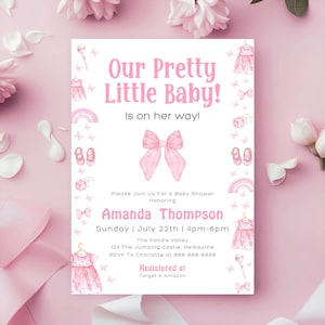 Invitación para bebé, invitación para baby shower de niña rosa, invitación digital con lazo de acuarela para guardería, etiqueta de agradecimiento, descarga instantánea editable