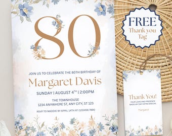 80th Birthday Invitation, Surprise Women Birthday, Digital 80th Birthday Party, Vintage Floral Eighty Brunch Party Invite, Instant Download