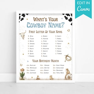 What's Your Cowboy Name Game Wild West Birthday Party Activity Cowboy First Rodeo Name Generator Game Printable Instant Download Kids Favor