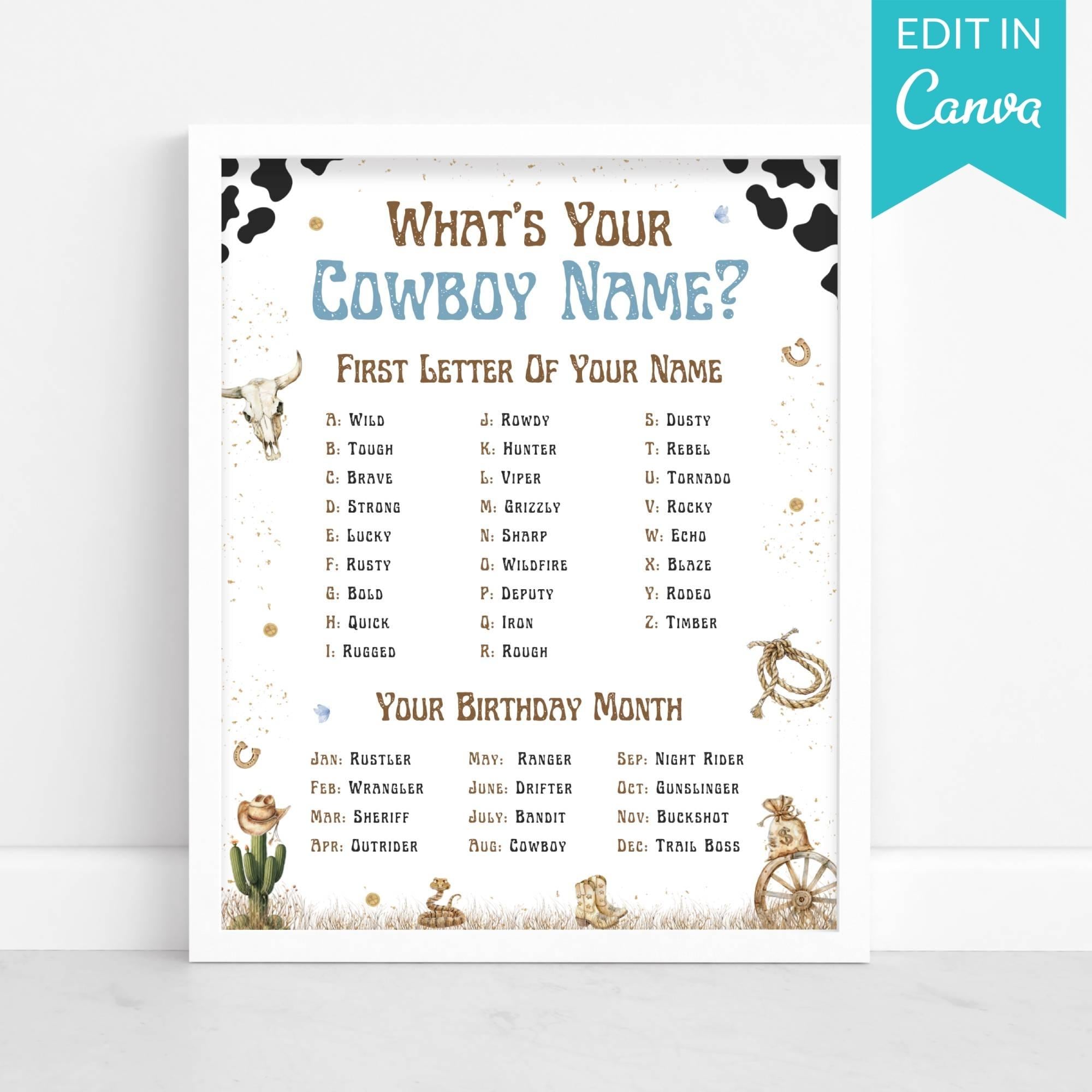 What's Your Cowboy Name Game Wild West Birthday Party Activity Cowboy ...