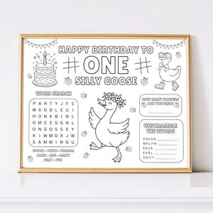 Silly Goose Birthday Party Activity Sheet, Goose Coloring Kids Activity Page, One Silly Goose Party Favor, Printable Duck Activity Placemat