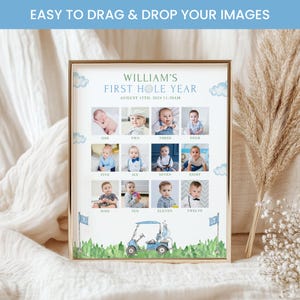 May include: A framed print with the text "WILLIAM'S FIRST HOLE YEAR" and baby photos. The print includes a golf cart illustration and the date August 15th, 2024. The frame is gold.