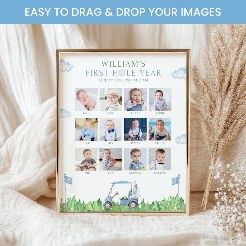 May include: A framed print with the text "WILLIAM'S FIRST HOLE YEAR" and baby photos. The print includes a golf cart illustration and the date August 15th, 2024. The frame is gold.