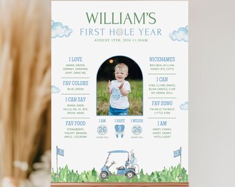 May include: A personalized poster with the text "WILLIAM'S FIRST HOLE YEAR" and a photo of a baby. The poster includes the baby's favorite things, nicknames, and measurements. The design features a golf theme with a golf cart illustration and blue accents.