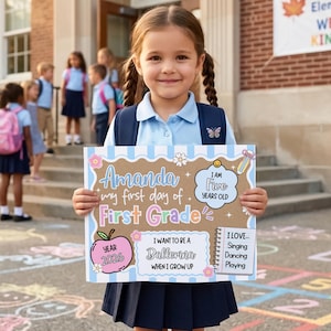 Op de afbeelding: Een rechthoekig bord voor de eerste schooldag met een lichtblauw gestreepte rand op een achtergrond van kraftpapier. De tekst luidt Amanda my first day of First Grade, I am Five Years Old, Year 2026, I want to be a Ballerina, en I love singing, dancing, playing.