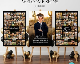 Male Graduation Welcome Sign Set of 3, Black Photo Collage Graduation Poster, Senior Party Welcome Board, Class of 2026 Sign Canva Template