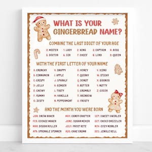 ¿Cuál es el nombre de tu galleta de jengibre? Juego de galletas navideñas, Juego para fiestas de galletas de jengibre, Actividad de decoración de galletas de jengibre, Generador de nombres navideños