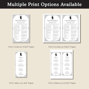 Pode incluir: Imagem mostrando v&aacute;rias op&ccedil;&otilde;es de impress&atilde;o para convites e menus. Os designs s&atilde;o em preto e branco com bordas decorativas. O texto inclui "Lady Whistledown's Society Papers" e detalhes do menu, dispon&iacute;veis em v&aacute;rios tamanhos de papel.