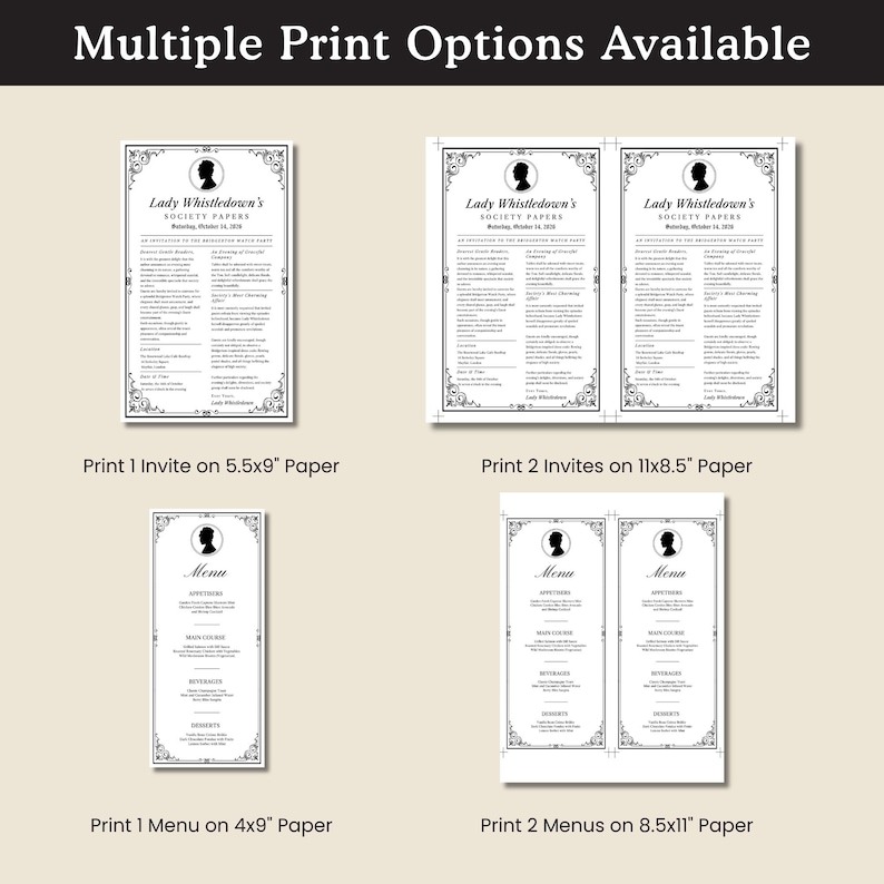 Pode incluir: Imagem mostrando v&aacute;rias op&ccedil;&otilde;es de impress&atilde;o para convites e menus. Os designs s&atilde;o em preto e branco com bordas decorativas. O texto inclui "Lady Whistledown's Society Papers" e detalhes do menu, dispon&iacute;veis em v&aacute;rios tamanhos de papel.