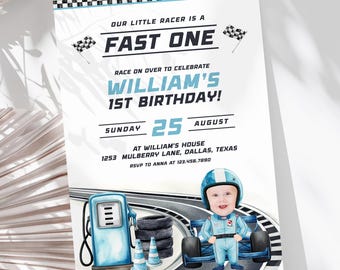Fast One Racing Car 1st Birthday Invitation: Photo Personalized (Digital File & Cupcake Toppers)