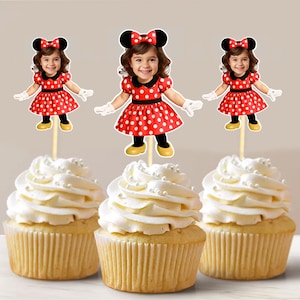 Minnie Personalized Face Cupcake Toppers, Custom Disney Mouse Birthday Party Decor Red Cartoon Minnie Oh Twodles Party Cake Topper Printable