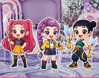 Recortes imprimibles de chicas cazadoras de anime Chibi Kpop, stand de guerreros ídolos kawaii, accesorio de fiesta de chicas lindas, descarga instantánea, decoración de fondo de cumpleaños