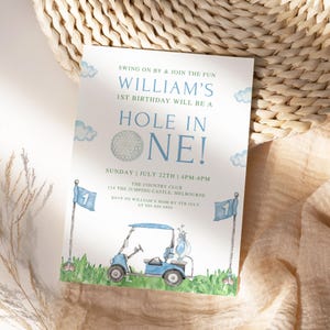 Invitación de primer cumpleaños de hoyo en uno, plantilla editable de invitación de primer cumpleaños de golf, invitación digital de par-tee de golf para niño, etiqueta de agradecimiento de hoyo en uno