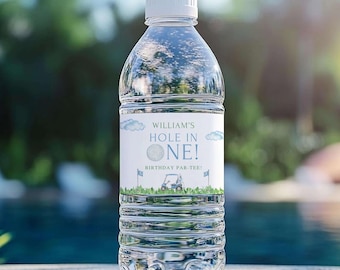 Etiqueta para botella de agua de cumpleaños "Hoyo en uno", botella de agua editable para el primer cumpleaños con temática de golf, decoraciones para fiesta de cumpleaños "Hoyo en uno" con temática de golf, ¡vamos a divertirnos!